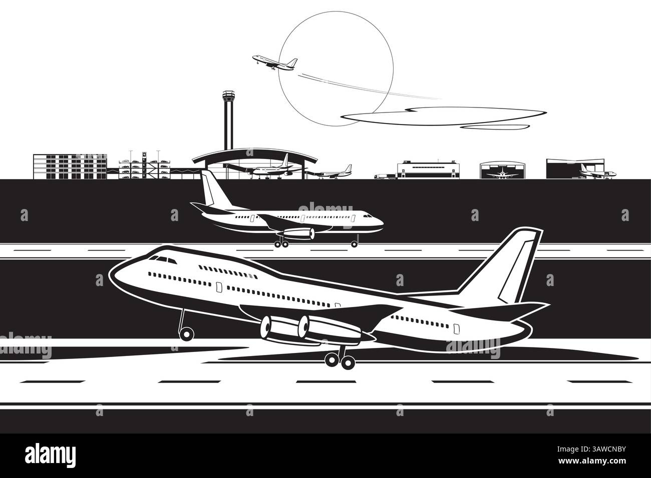 Aerei passeggeri in decollo e atterraggio in aeroporto – illustrazione vettoriale Illustrazione Vettoriale
