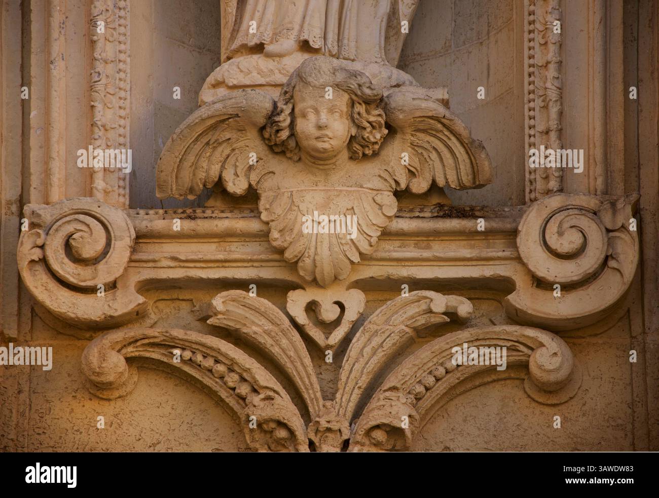 Particolare della Cattedrale di Lecce, Duomo di Lecce; Cattedrale dell'assunzione della Vergine, è la cattedrale della città di Lecce in Puglia, Italia, dedicata all'assunzione della Vergine Maria. È sede dell'arcivescovo di Lecce. La cattedrale fu costruita per la prima volta nel 1144, ma subì riparazioni nel 1230. Fu ricostruita nel 1659 dall'architetto Giuseppe Zimbalo per ordine del vescovo Luigi Pappacoda, i cui resti sono custoditi nell'altare dedicato a Sant'Oronzio di Lecce, patrono della città. Piazza Duomo, Lecce, Puglia, Italia. Foto Stock