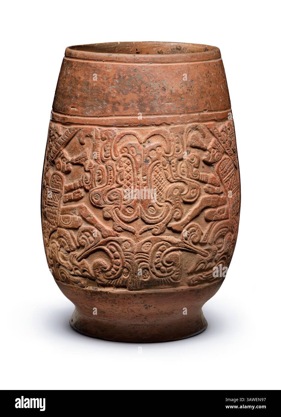 Nave a forma di pera con Dio L. Belize, Guatemala, Honduras o Messico, Maya, 800-950 CE. Ceramica. Ceramica a scorrimento. Arte delle antiche Americhe. Foto Stock