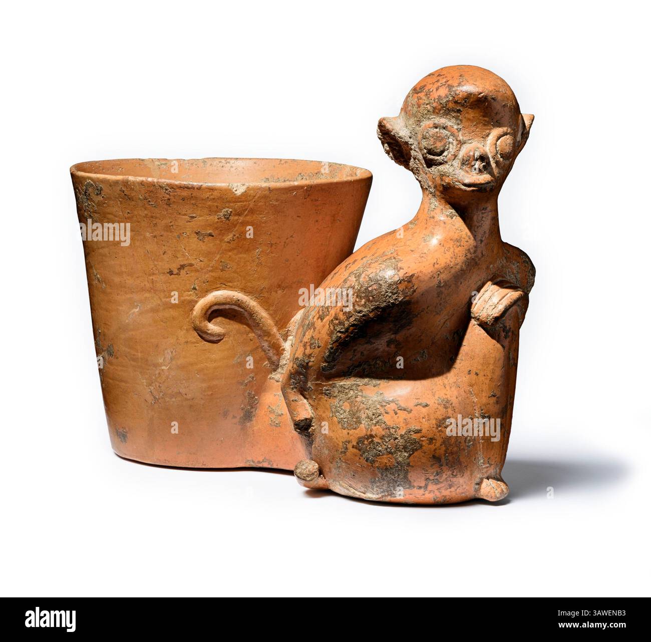 Nave fischiante con Spider Monkey. Guatemala, Escuintla, Maya, 450-650 d.C. Ceramica. Ceramica a scorrimento. Arte delle antiche Americhe. Foto Stock