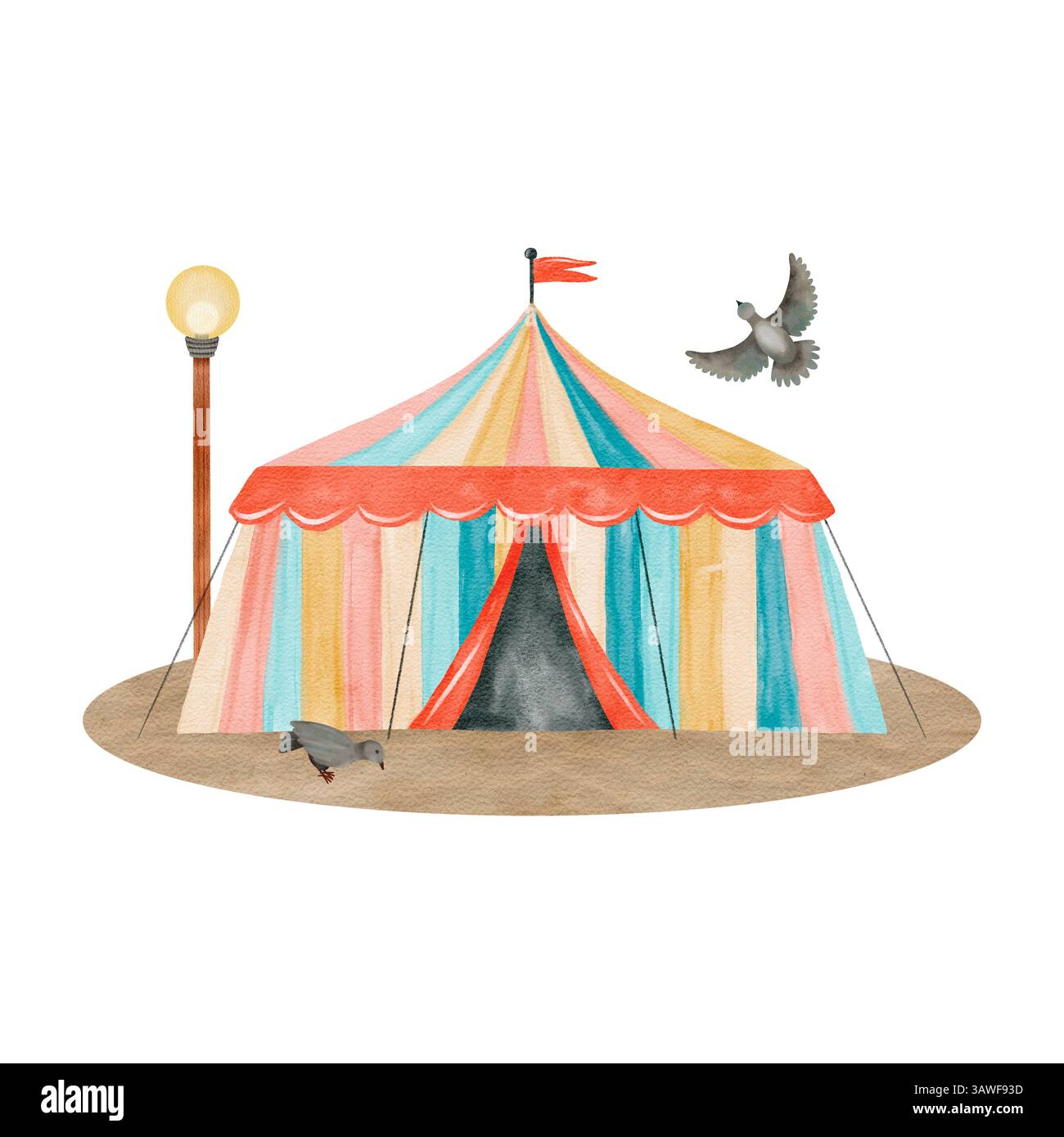 Una tenda da circo vibrante e colorata circondata da uccelli gioiosi e da un'illuminazione stradale illuminata, che incarna divertimento e festeggiamenti. Composizione isolata ad acquerello disegnata a mano su sfondo trasparente. Foto Stock