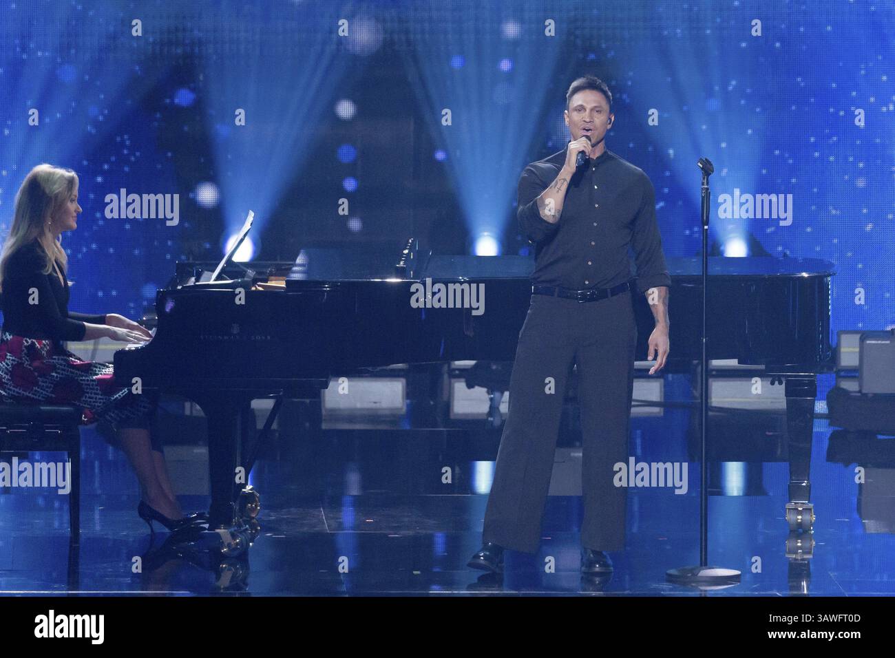 Patrice Aminati e Daniel Aminati al Beatrice Egli Show presso lo Studio Berlin Adlershof il 08.04.2025. La trasmissione si svolgerà a Pasqua Saturda Foto Stock