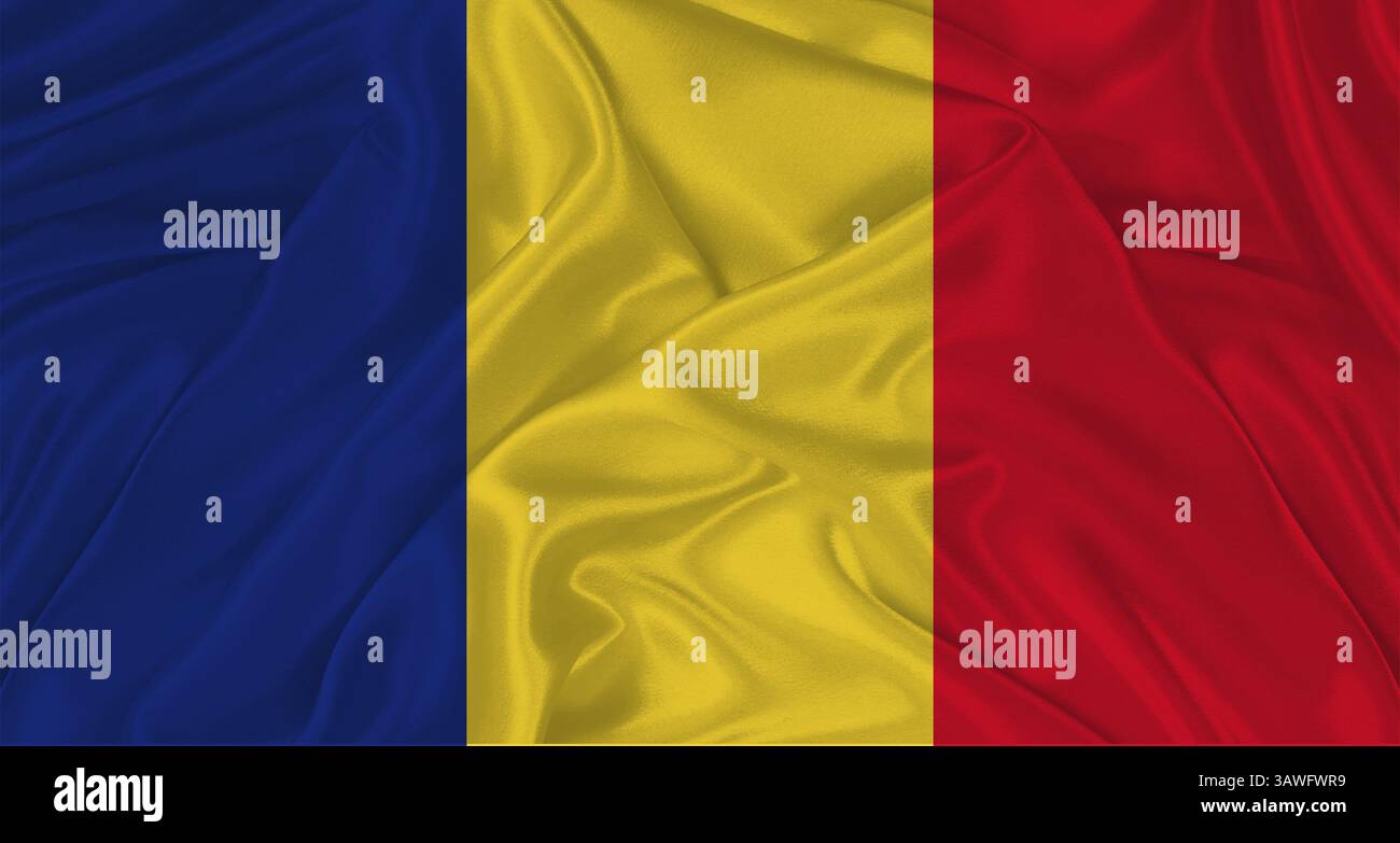 Bandiera rumena con tessuto. Bandiera realistica della Romania che ondeggia Foto Stock