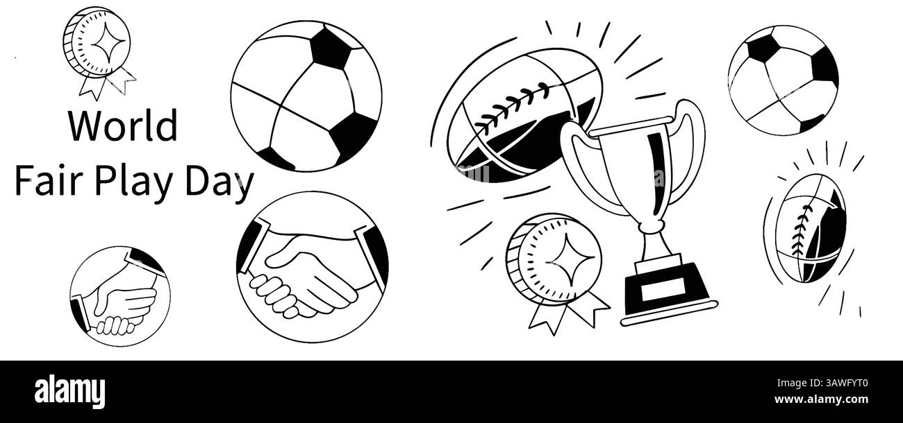 Celebrazione del World Fair Play Day con icone sportive e trofeo. Illustrazione Vettoriale