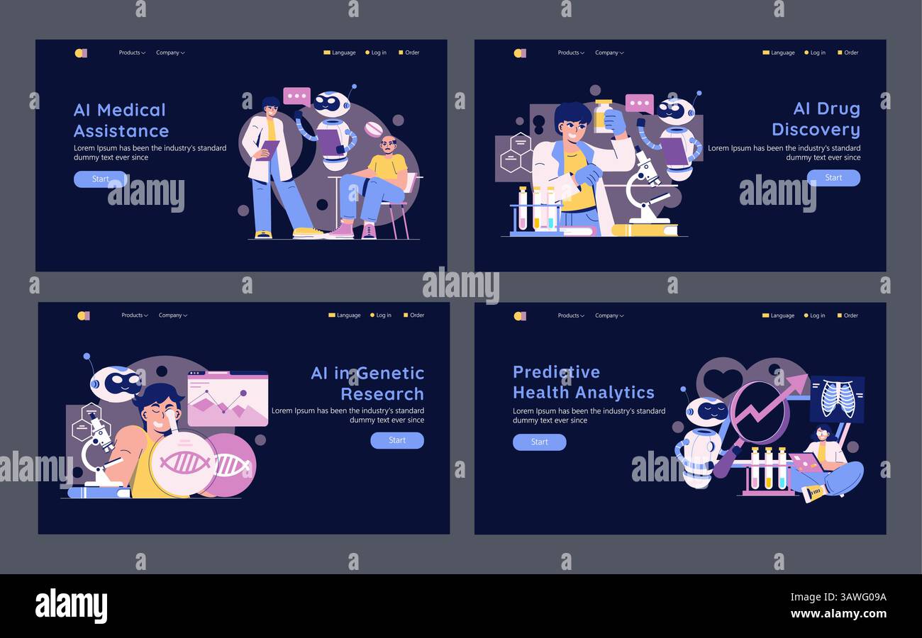 L'INTELLIGENZA ARTIFICIALE in medicina trasforma l'assistenza sanitaria attraverso innovazioni come l'assistenza medica, la scoperta di farmaci, la ricerca genetica e l'analisi predittiva della salute. Rivoluzionare l'assistenza ai pazienti e i risultati. Illustrazione vettoriale. Illustrazione Vettoriale