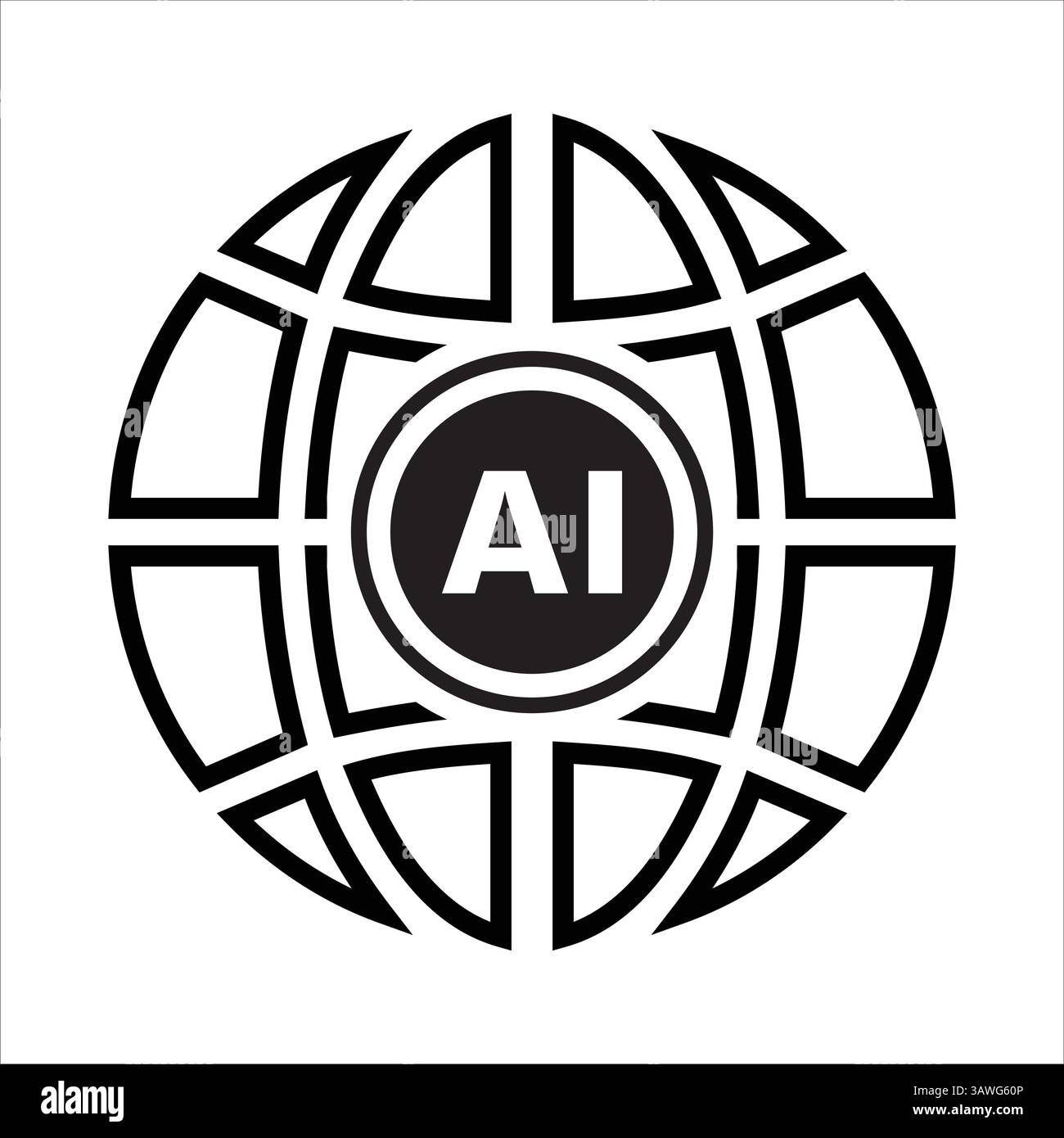 Icona della rete globale di intelligenza artificiale – simbolo della griglia a globo con testo ai Illustrazione Vettoriale