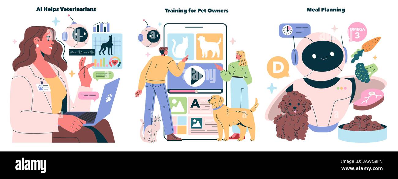 AI Vet Consultant offre soluzioni innovative per veterinari e proprietari di animali domestici. Assiste nella formazione, nella pianificazione dei pasti e nel miglioramento della cura degli animali domestici utilizzando tecnologie all'avanguardia e informazioni personalizzate. Illustrazione Vettoriale