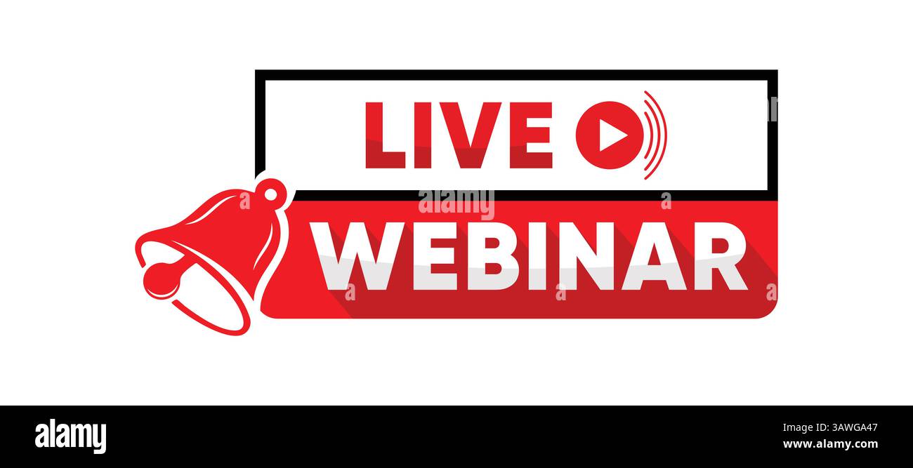 Grafica di annuncio del webinar dal vivo con icona Bell and Play Illustrazione Vettoriale
