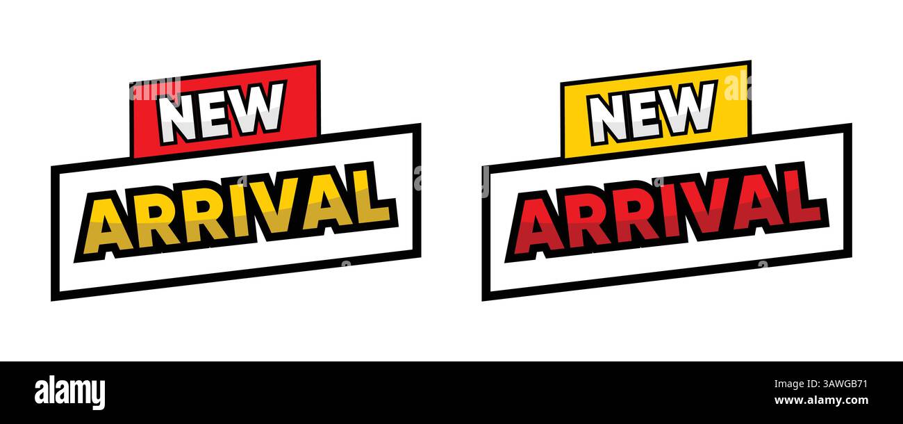 Etichette "NEW ARRIVAL" in stile fumetto in rosso e giallo - etichette promozionali audaci Illustrazione Vettoriale