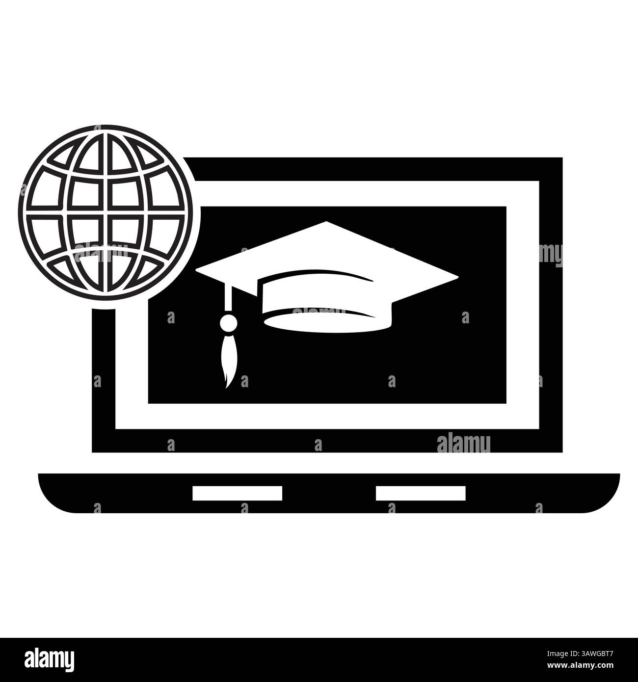 Icona formazione online con cappello per laureati e globo Illustrazione Vettoriale