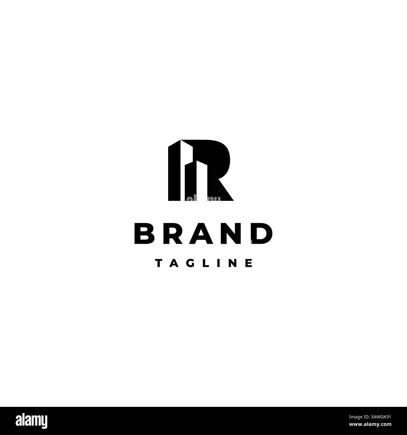 Silhouette da costruzione accanto al logo Letter R. Lettera iniziale R con logo Building Icon Design. Illustrazione Vettoriale