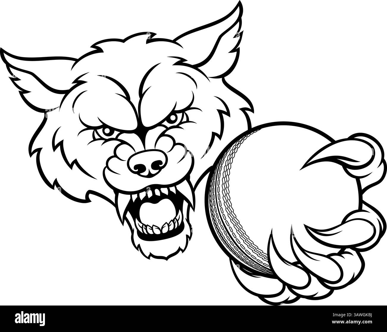 Lupo Holding Cricket mascotte a sfera Illustrazione Vettoriale