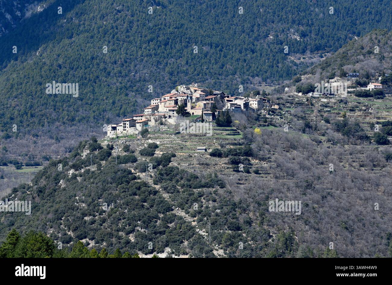 Aristot o Arestothe, vista panoramica. Comune di Pont de Bar, Alt Urgell, provincia di Lleida, Catalogna, Spagna. Foto Stock