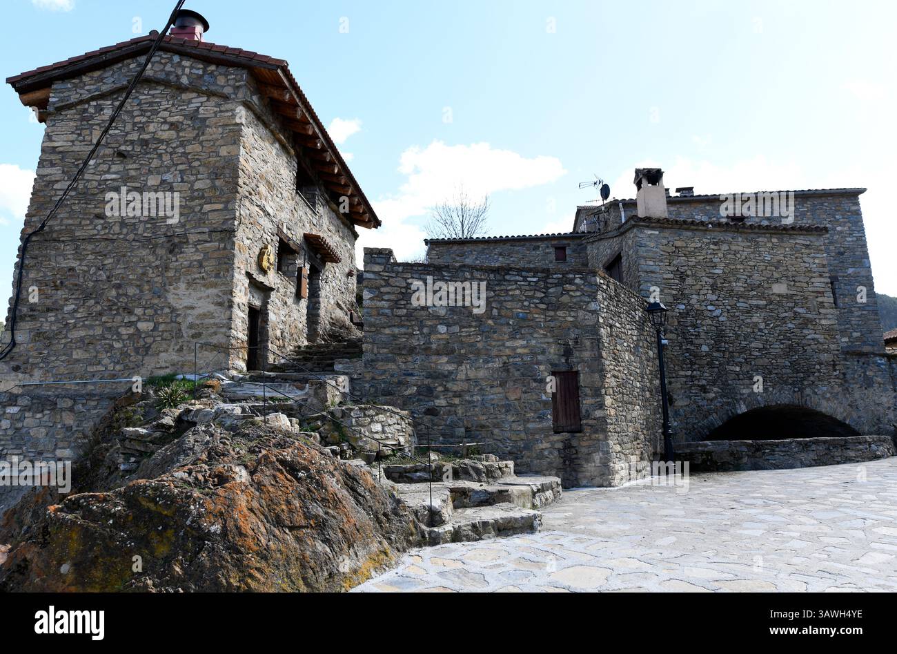 Bar, architettura tradizionale. Pont de Bar, Alt Urgell, Lleida, Catalogna, Spagna. Foto Stock