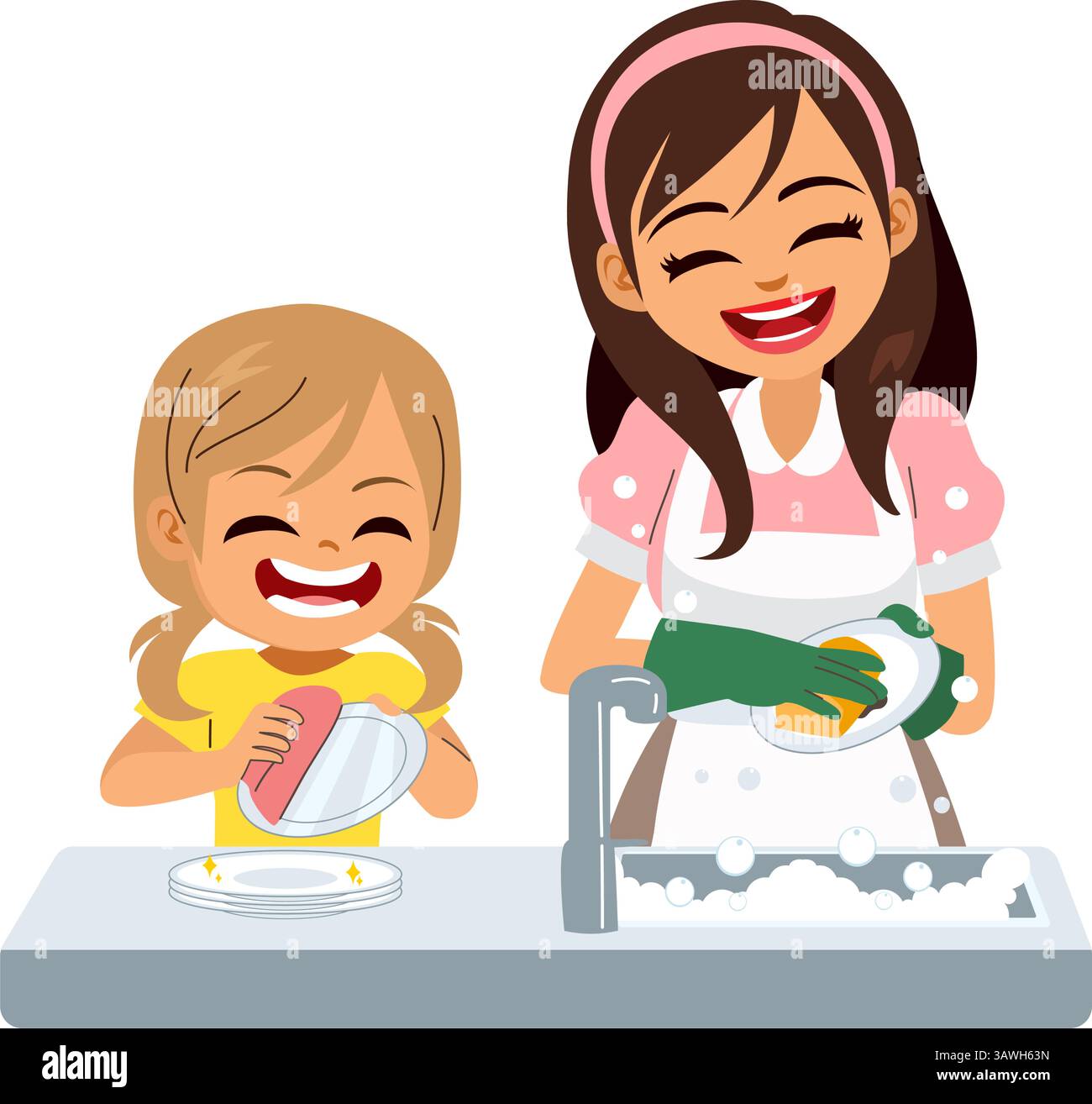Cartoni animati dolci raffiguranti una madre e una figlia che lavano insieme i piatti, rappresentando la vita domestica quotidiana, il legame familiare e le risposte condivise Illustrazione Vettoriale