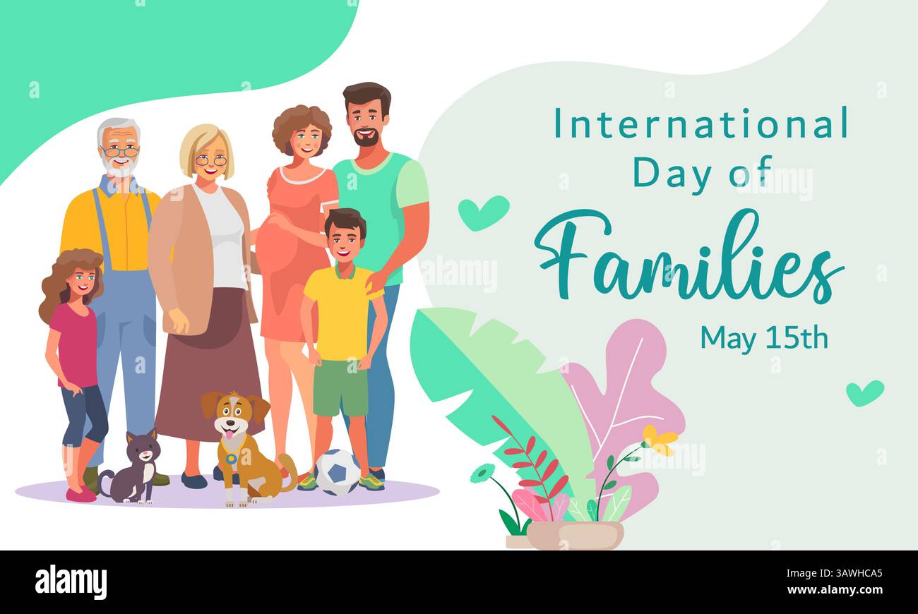 Giornata internazionale delle famiglie, carina grande famiglia illustrazione vettoriale piatta. Illustrazione Vettoriale