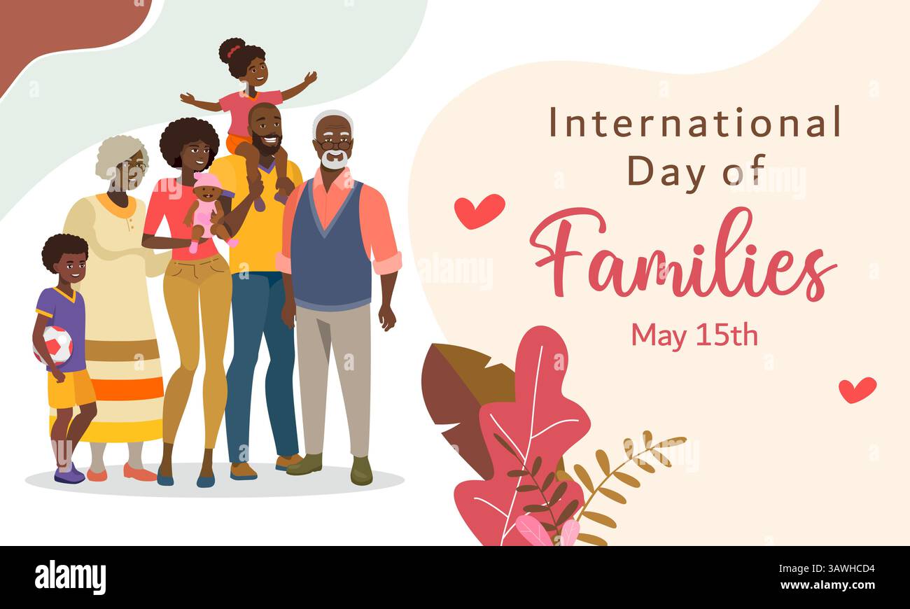 Felice giornata internazionale di famiglie carina grande famiglia nera. Illustrazione Vettoriale