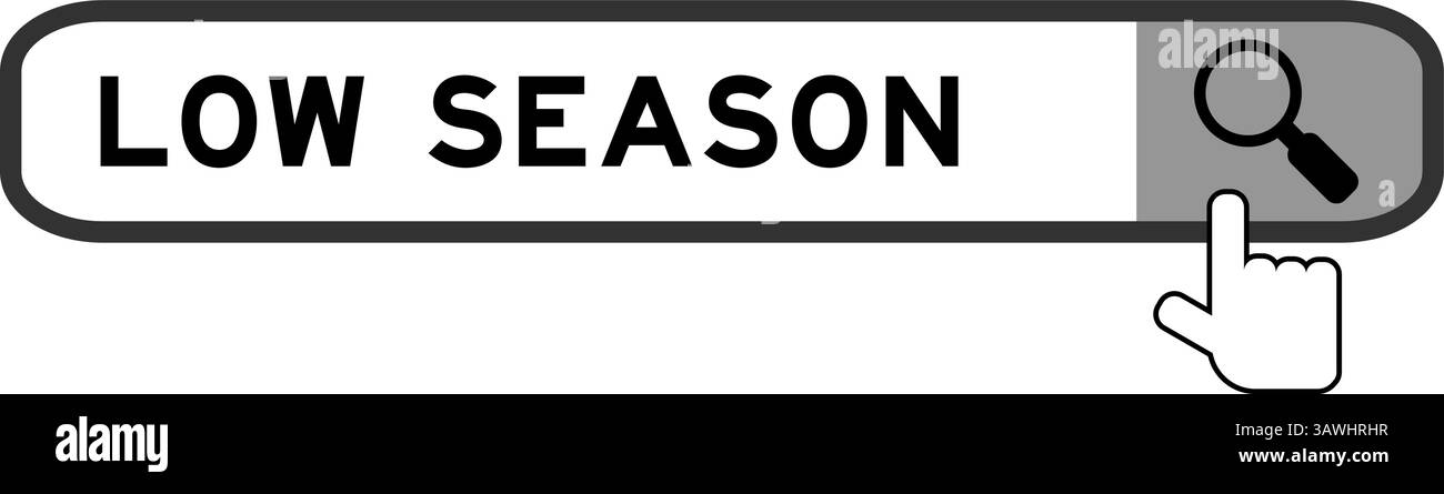 Cerca banner in parola bassa stagione con l'icona della lente di ingrandimento a mano su sfondo bianco Illustrazione Vettoriale