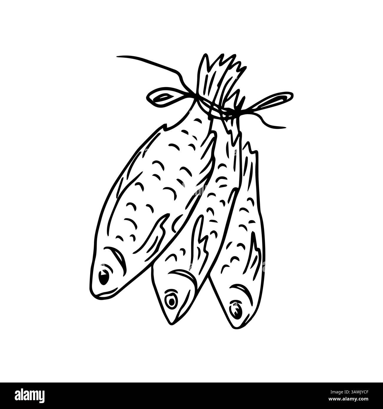 Illustrazione di un mazzo di pesce salato secco, un antipasto per la birra. Prodotti agricoli, commercio di pesca. Un elemento di design per una pescheria. Illustrazione Vettoriale