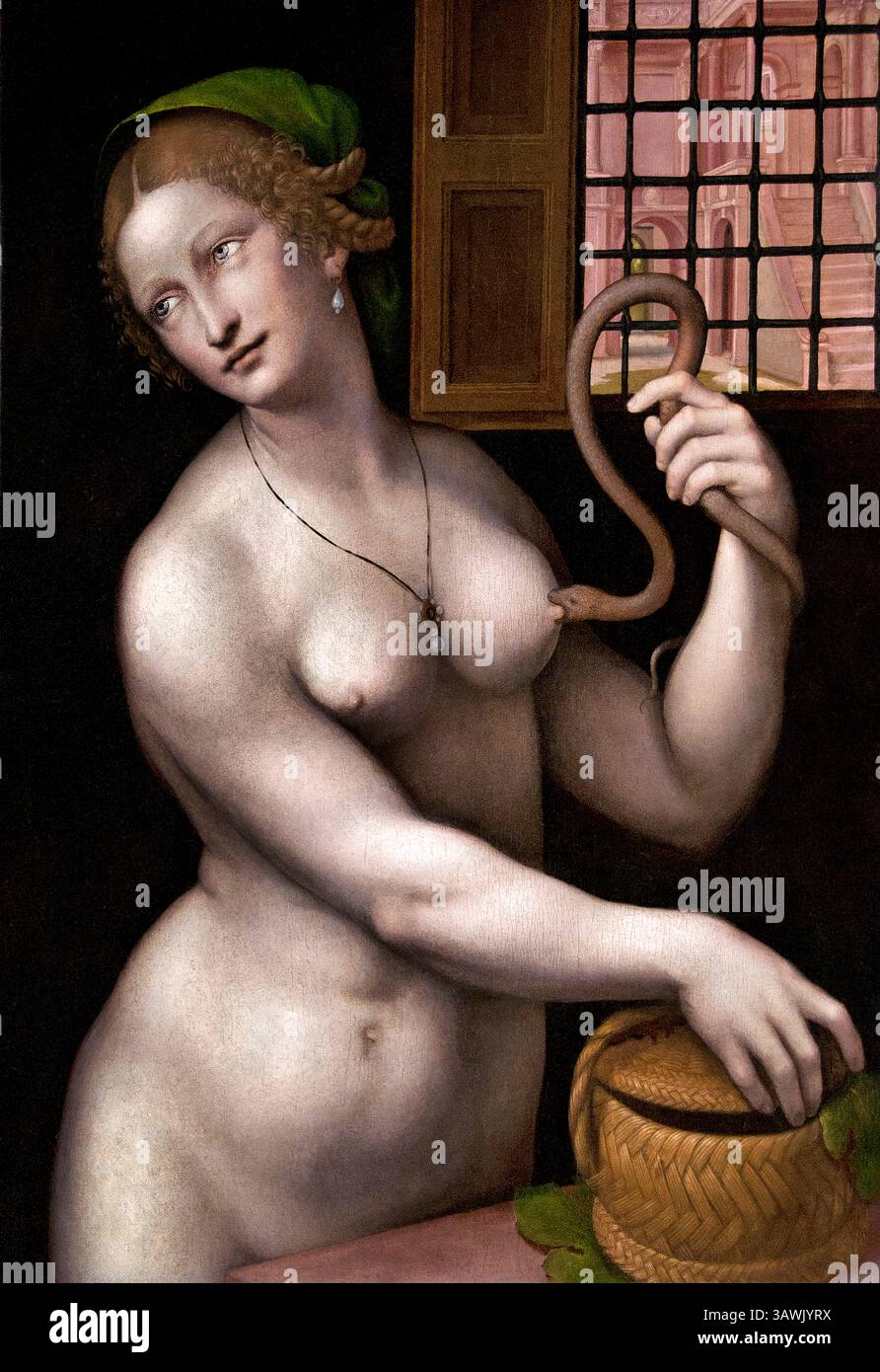 La morte di Cleopatra VII Filopatore 69 – 30 a.C. faraone Egitto Giampietrino, probabilmente Giovanni Pietro Rizzoli (attivo 1495–1549), [1] fu un pittore italiano del nord della scuola lombarda e della cerchia di Leonardo. Louvre di Parigi, Museo di Belle Arti, Francia, ( Cleopatra (69–30 a.C.) fu l'ultima regina tolemaica attiva - sovrano d'Egitto prima che diventasse una provincia romana. ) Foto Stock