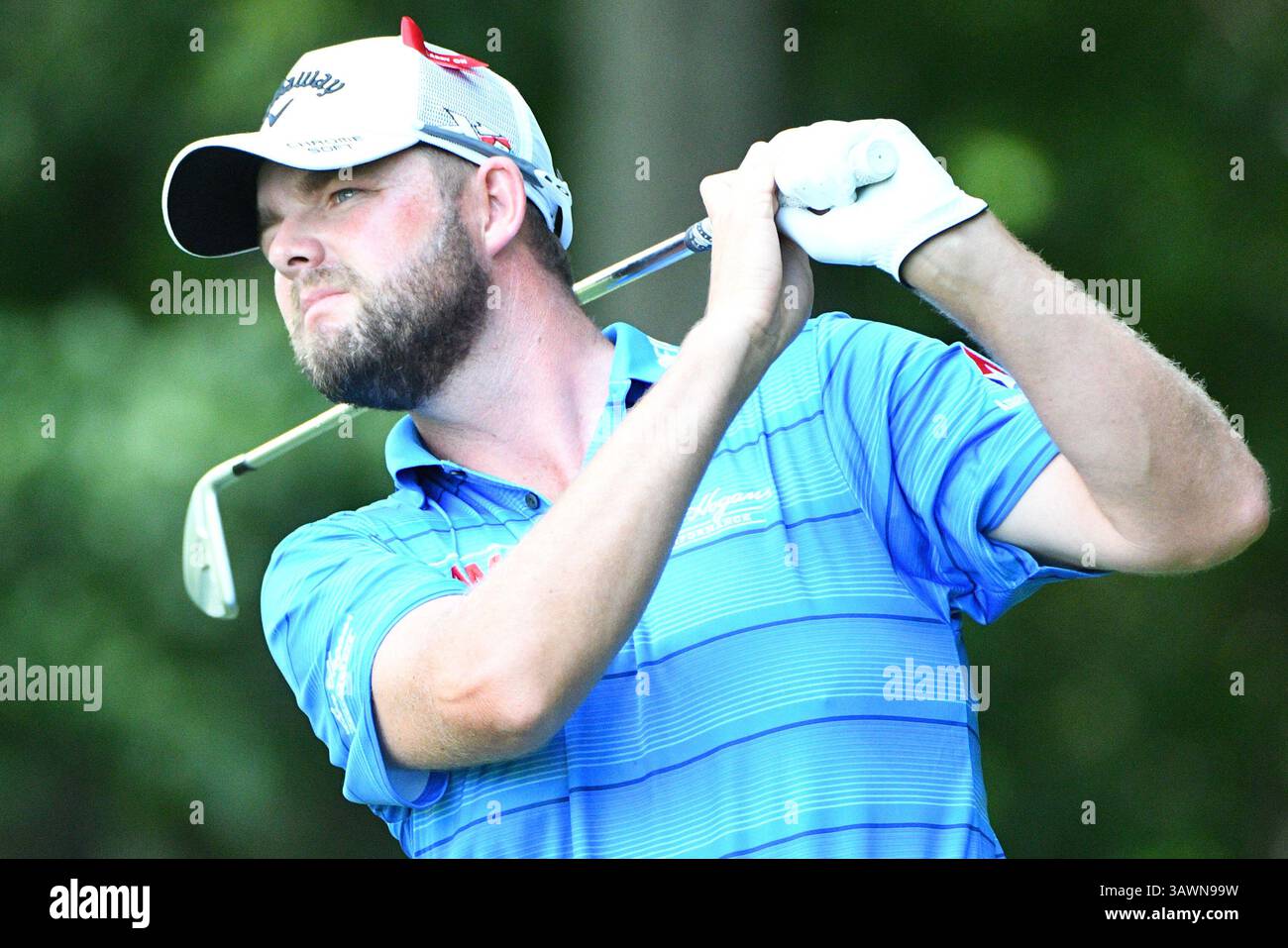 7 agosto 2016 - Cromwell, Connecticut, U. S - Marc Leishman tira fuori il quindicesimo tee durante l'ultimo round del Travelers Championship a TPC River Highlands a Cromwell, Connecticut. (Immagine di credito: © Brian Ciancio via ZUMA Wire) Foto Stock
