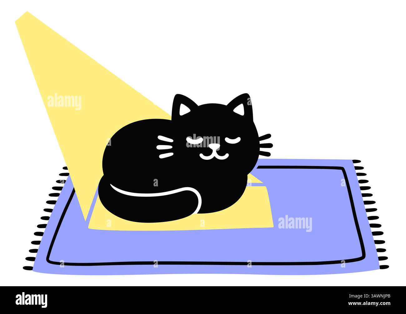Carino gatto nero cartoni animati che dorme su un tappeto in un raggio di sole. Semplice disegno di doodle, illustrazione grafica vettoriale isolata. Illustrazione Vettoriale