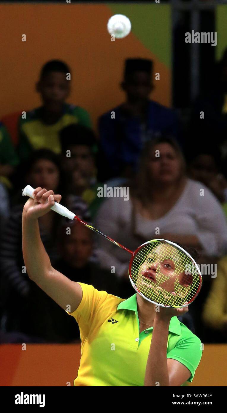 11 agosto 2016 - Rio de Janeiro, RJ, Brasile - il brasiliano Lohaynny Vicente in una partita contro l'indiana Saina Nehwal durante le Olimpiadi di Rio 2016. (Immagine di credito: © Daniel A. Anderson via ZUMA Wire) Foto Stock