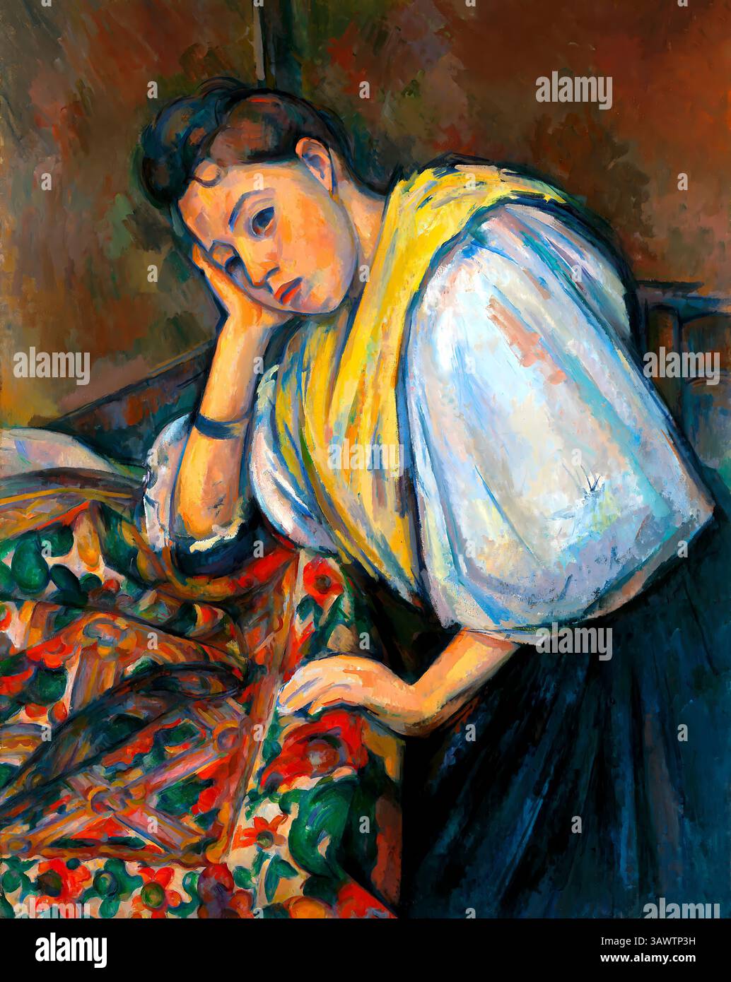 Dipinto intorno al 1895-1900, Francia. Ritratto post-impressionista di una donna italiana in abito rustico, seduta su un tavolo di legno. Ripristino digitale da C. Foto Stock