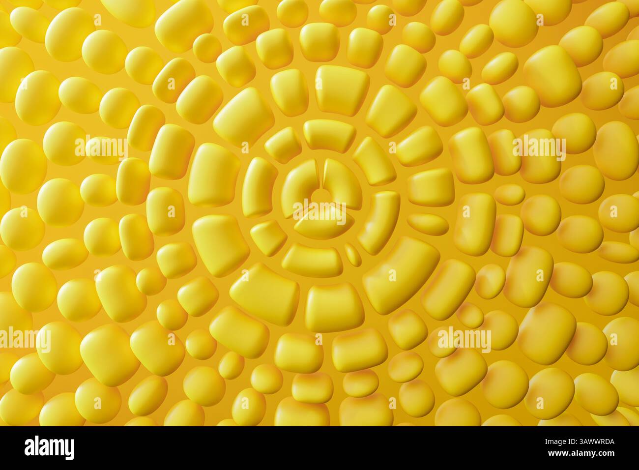 Questo vibrante sfondo astratto presenta forme circolari e texture in giallo brillante, creando uno spazio visivo coinvolgente adatto al marketing Foto Stock