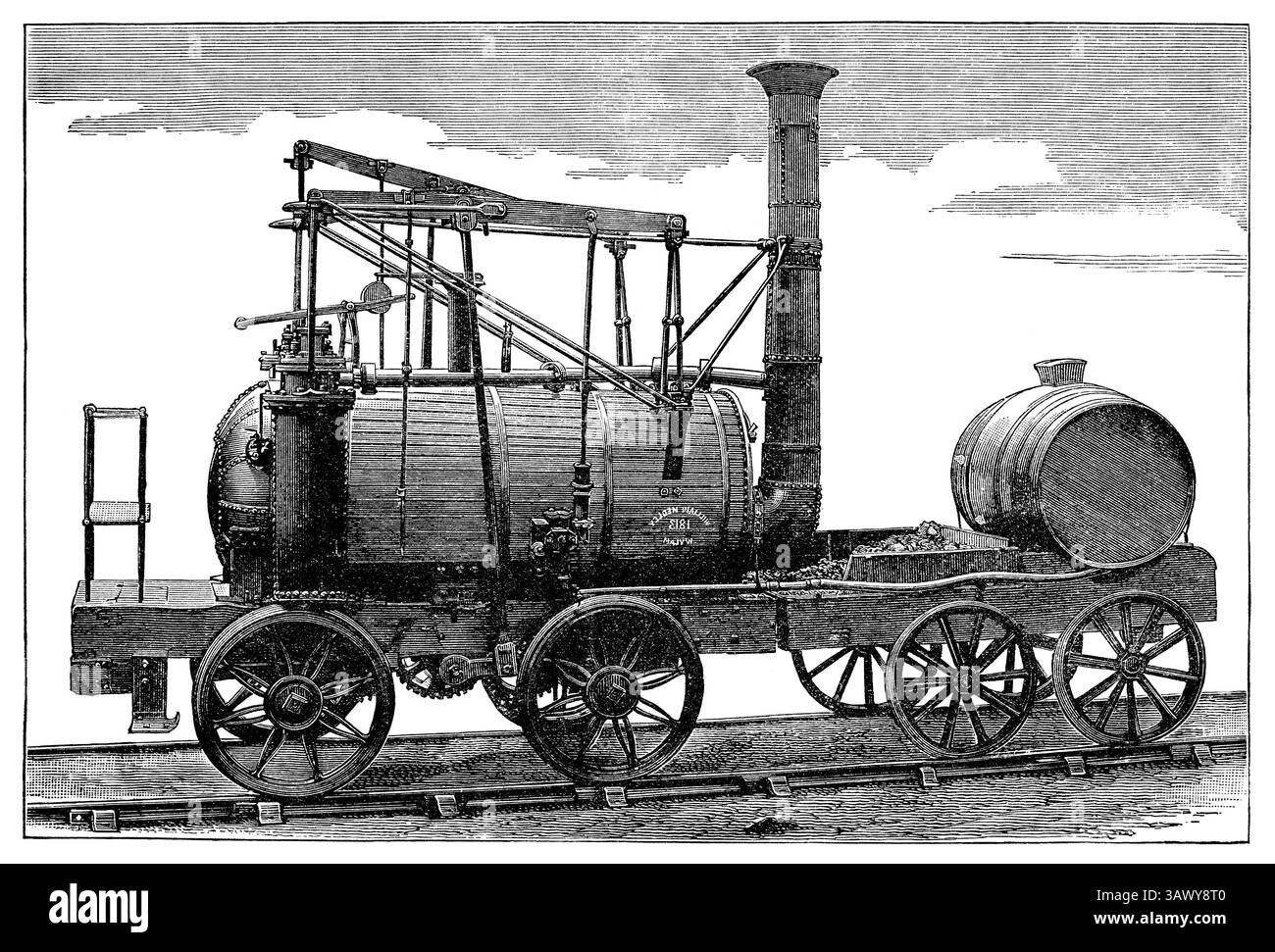 Incisione d'epoca di Puffing Billy, una prima locomotiva ferroviaria a vapore costruita nel 1813-1814. Foto Stock