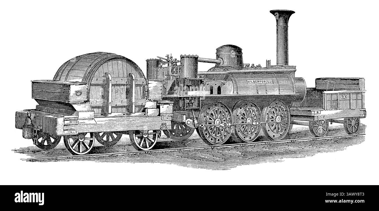 Incisione d'epoca della locomotiva a vapore Wilberforce che correva sulla Stockton and Darlington Railway. Progettato da Timothy Hackworth e utilizzato per la prima volta nel 1833. Foto Stock