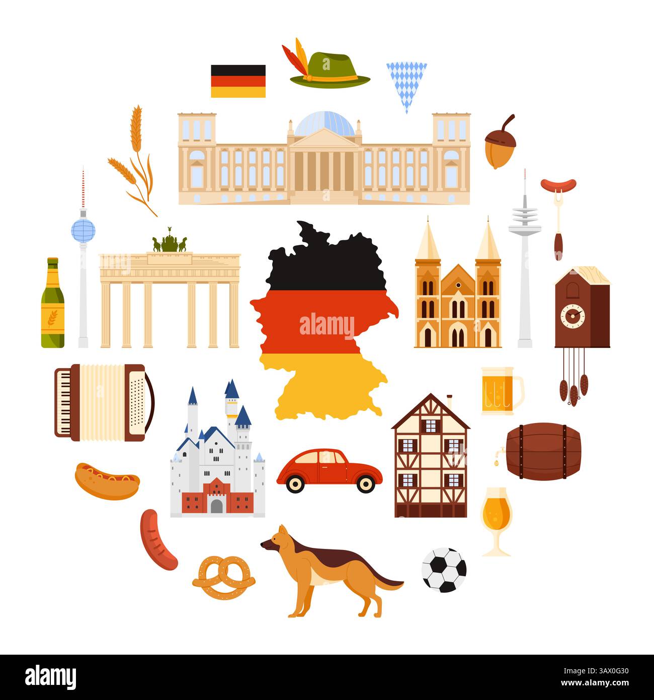 Salsiccia e birra, architettura e monumenti in cerchio con illustrazione vettoriale del fumetto. Elementi della cultura tedesca e punti di riferimento della Germania, elementi dell'Oktoberfest, cibo in banner infografico rotondo Illustrazione Vettoriale