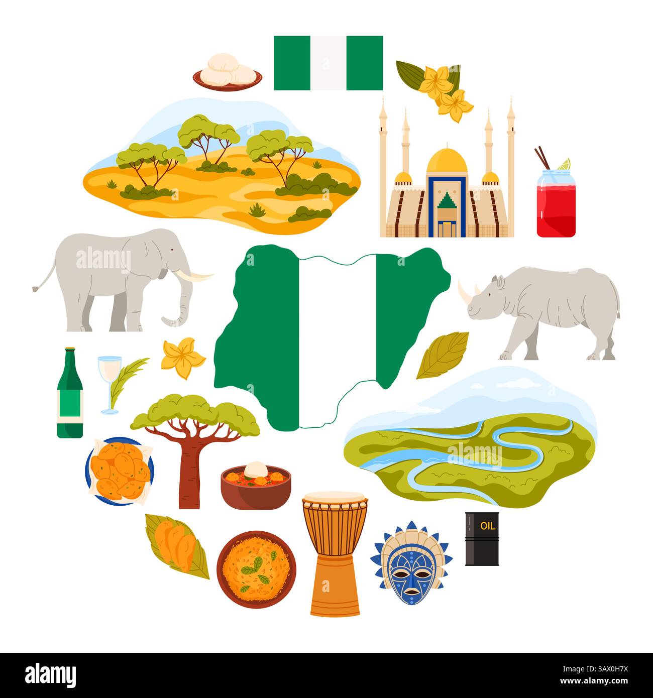 Viaggia verso gli elementi, la cultura e gli oggetti naturali della Nigeria in un banner infografico rotondo. Tamburo tradizionale e maschera tribale, fiume Niger e paesaggio di savana, moschea in cerchio illustrazione vettoriale dei cartoni animati Illustrazione Vettoriale