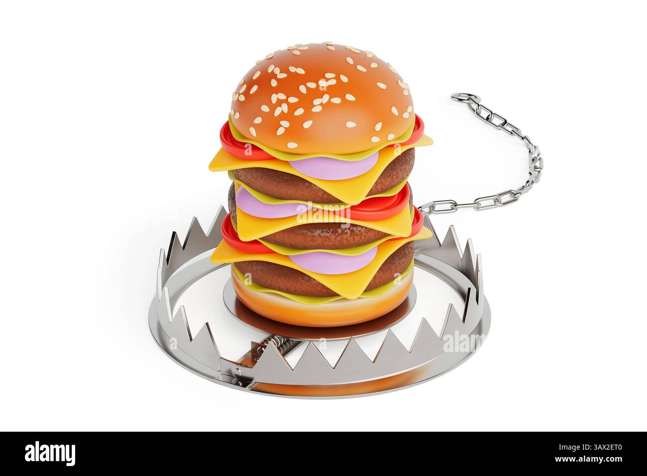 Concetto di dieta. Trappola per orsi in metallo con Cheeseburger Premium Delicious su sfondo bianco. Rendering 3d. Foto Stock