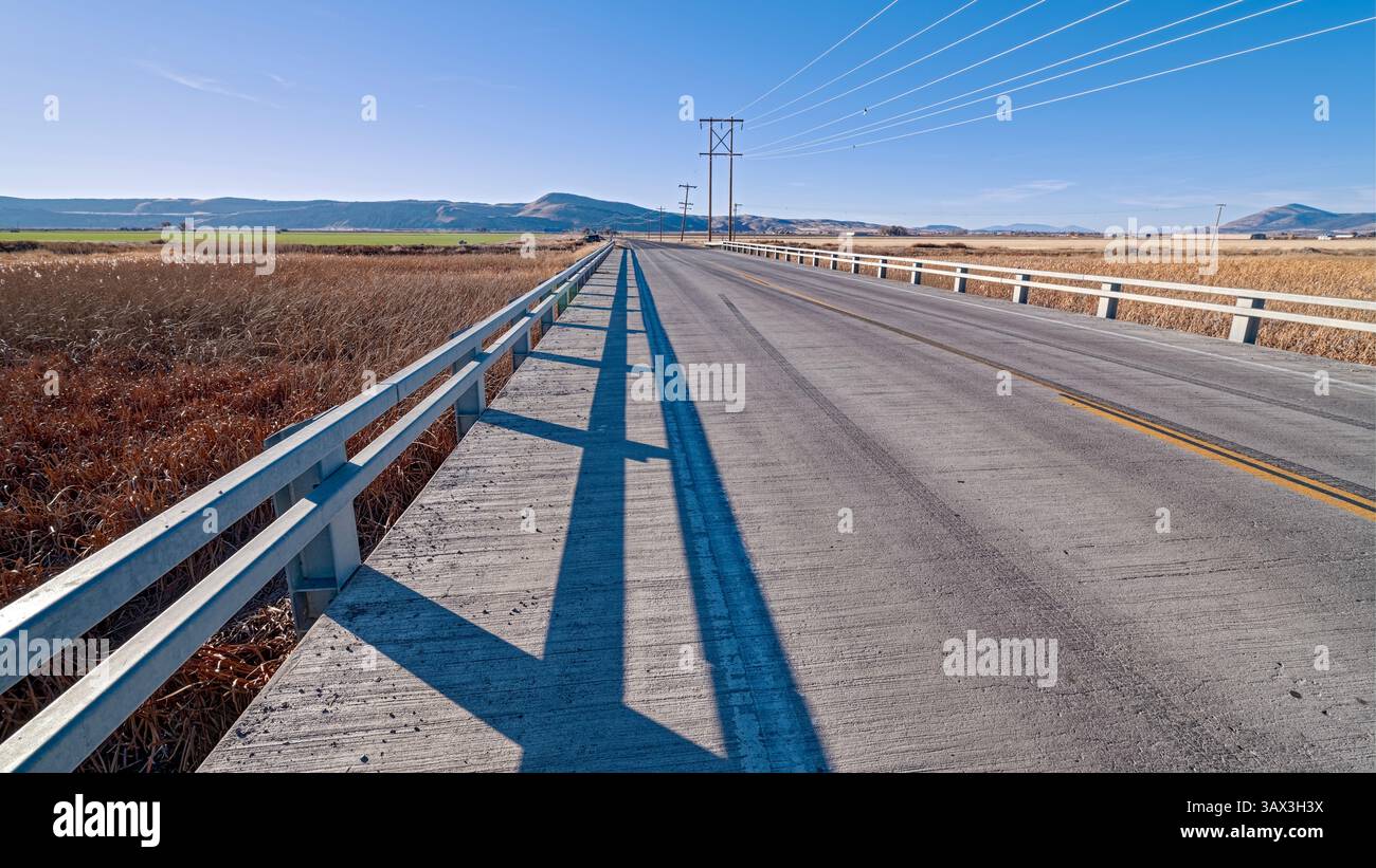 Le ombre del tardo pomeriggio vengono gettate dai binari lungo il Lost River Bridge vicino a Tulelake, California, USA Foto Stock