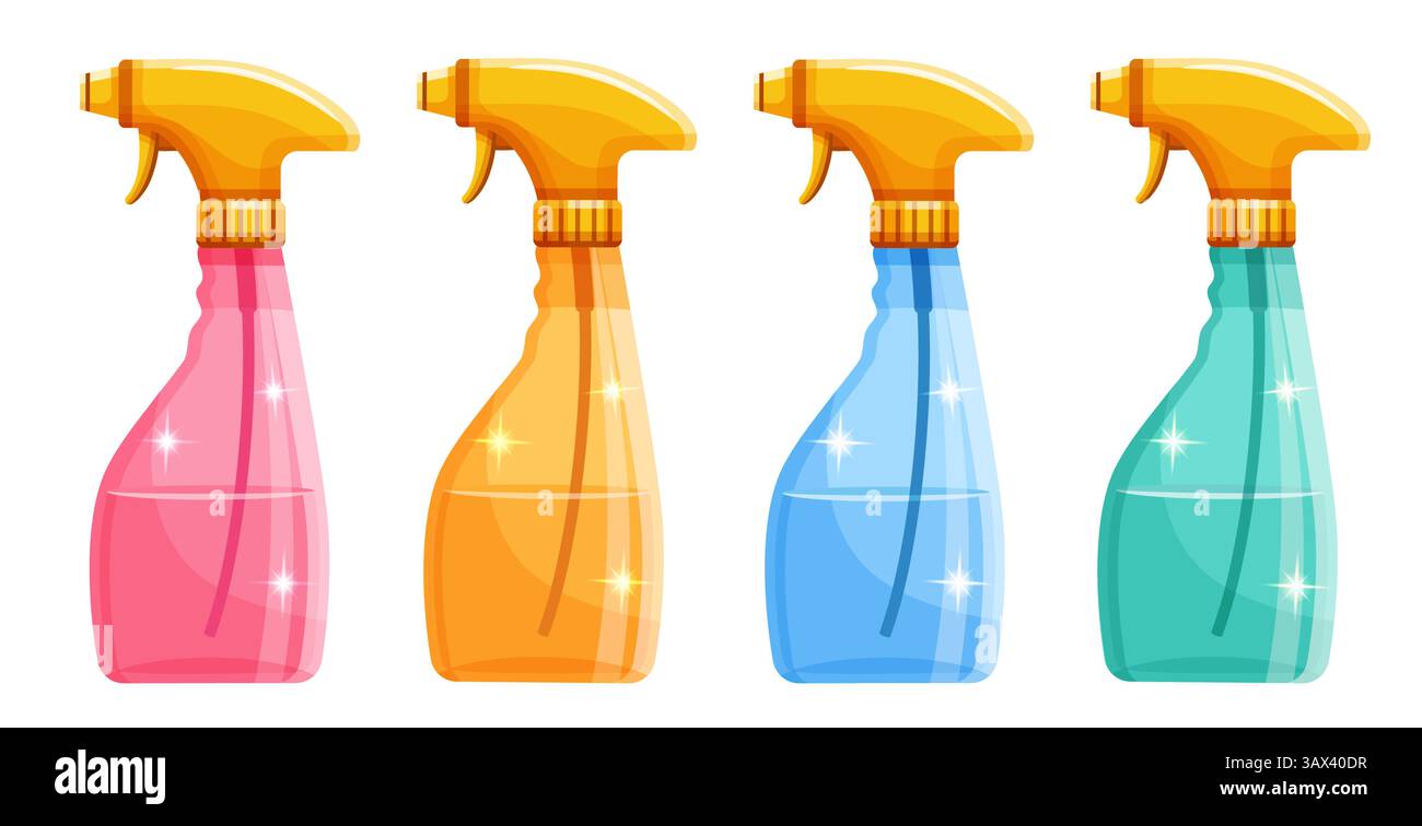 Flacone spray per acqua, detergente per spruzzatura di liquidi, spruzzatore detergente pulito. Detergente spray per lavavetri per vetri per uso domestico. Set di icone a colori antisettici per le mani Illustrazione Vettoriale