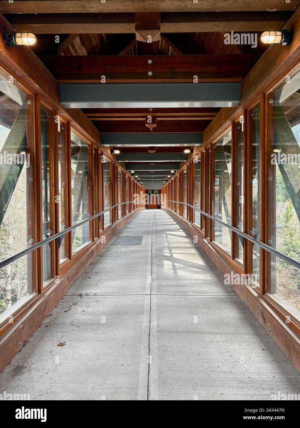 Ponte pedonale coperto incorniciato in legno e vetro - Immagine stock catturata con smartphone