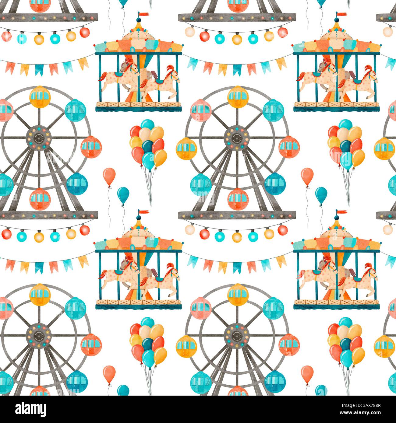 Un vivace motivo carnevalesco caratterizzato da una ruota panoramica, una giostra e palloncini colorati che donano gioia a tutti. Motivo senza cuciture ad acquerello disegnato a mano su sfondo bianco. Foto Stock