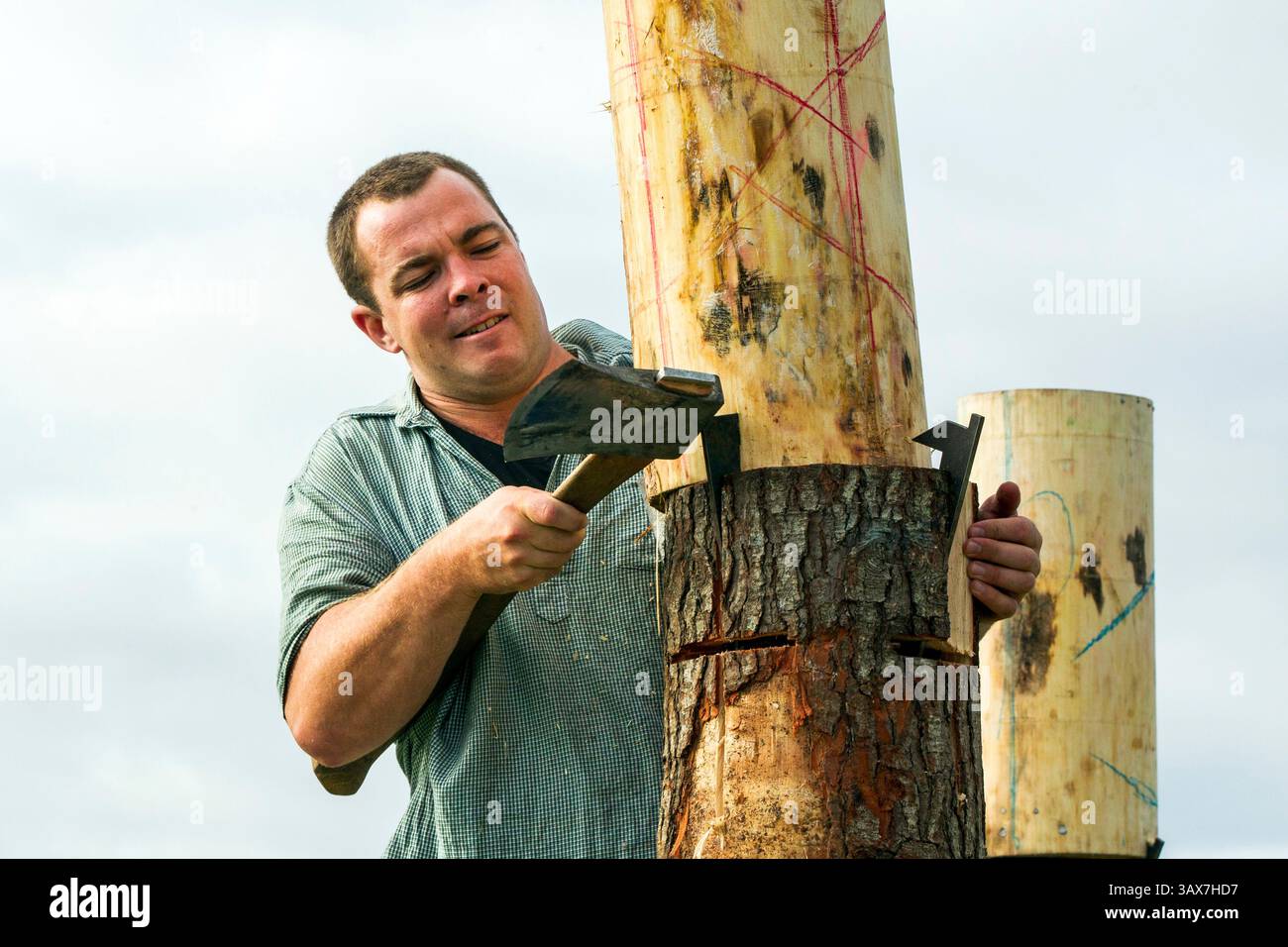 Un lavoratore del legno con un'ascia partecipa a una gara di abbattimento di alberi in una fiera nazionale. Foto Stock