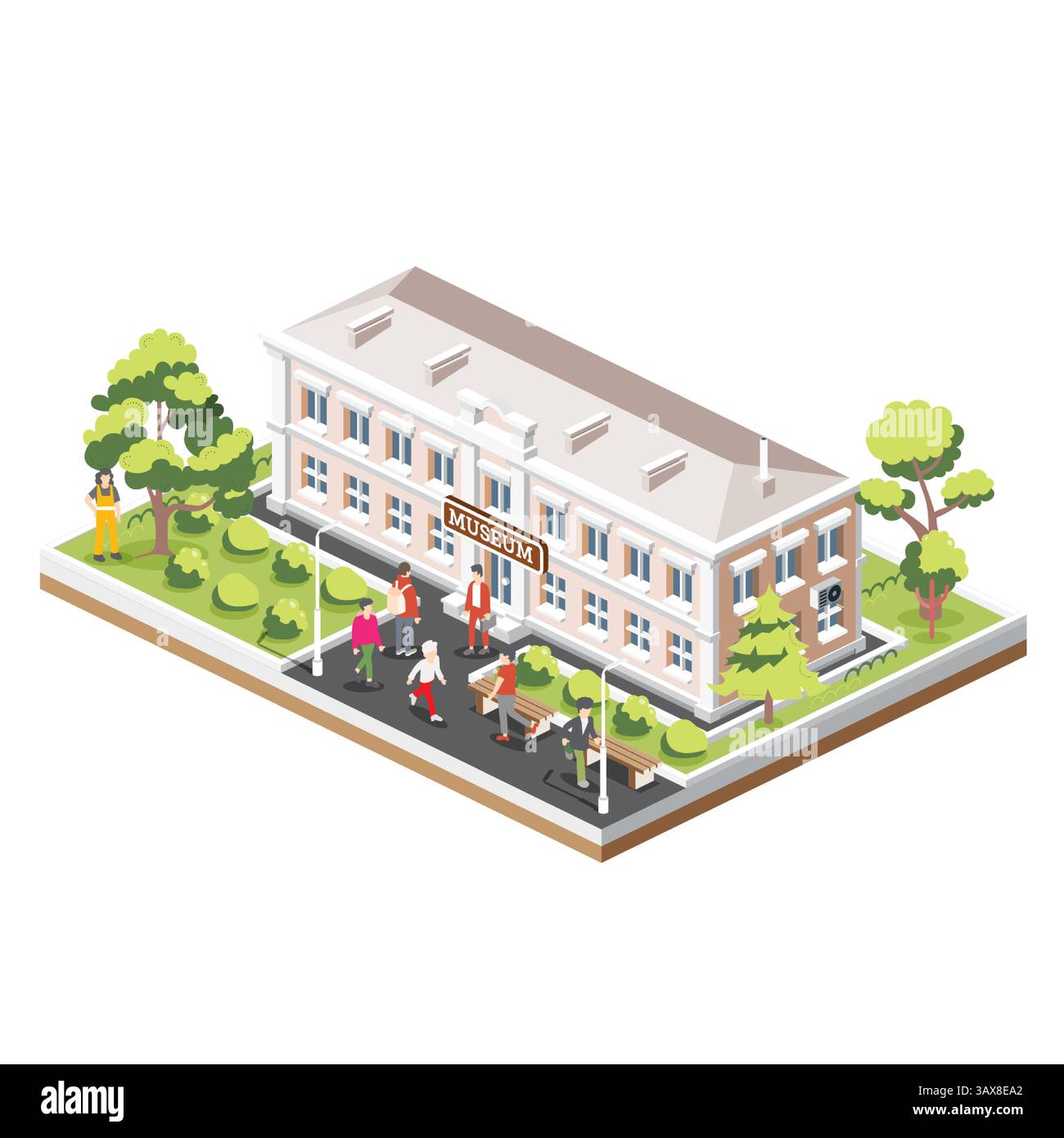Vista isometrica dell'edificio del museo. Illustrazione vettoriale. Splendido edificio classico con colonne. Cespugli di fila. Alberi e panchine. Gente che cammina Illustrazione Vettoriale