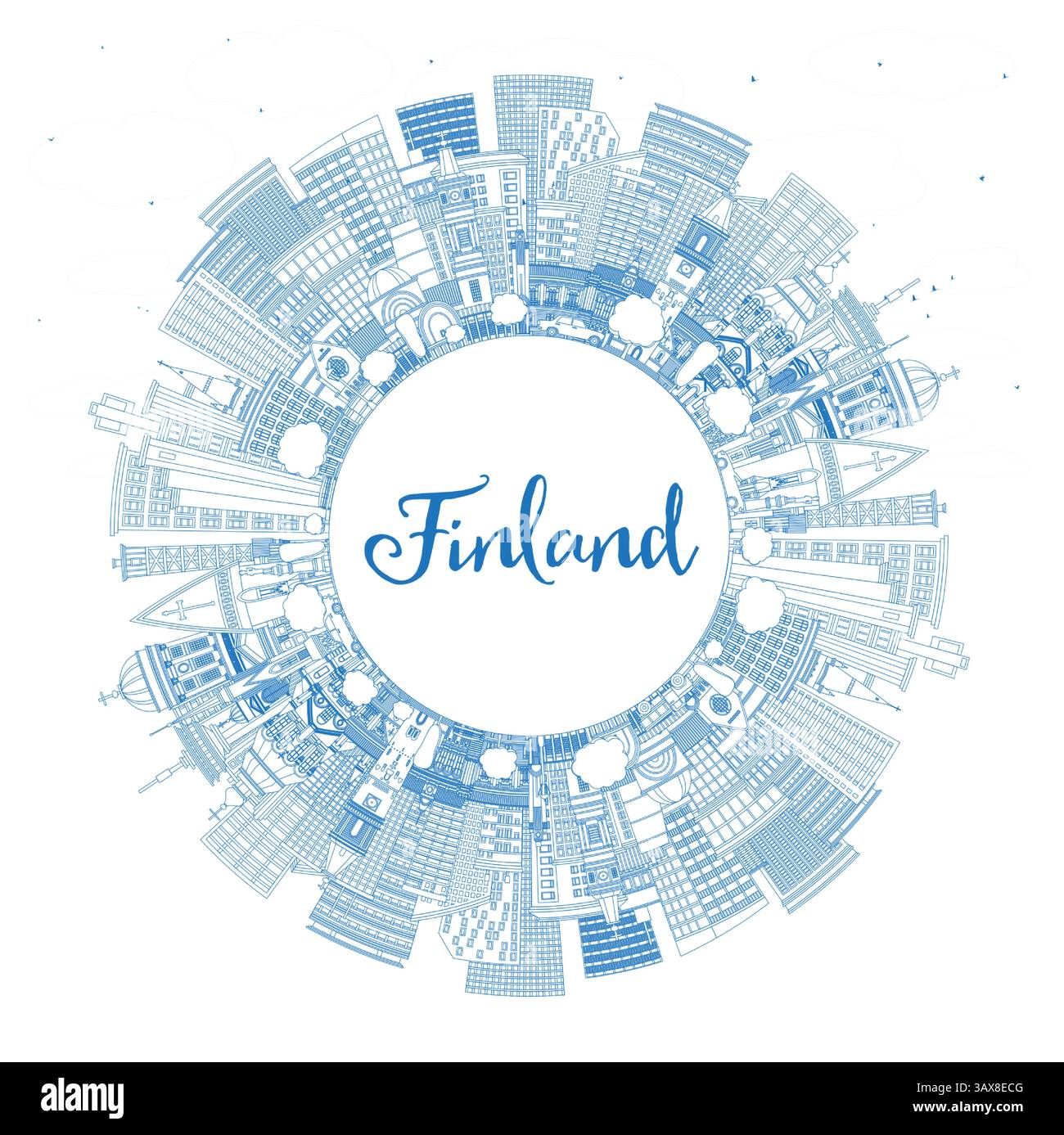 Delinea lo skyline della città finlandese con edifici blu e spazi fotografici. Illustrazione vettoriale. Architettura storica e moderna. Paesaggio urbano finlandese. Illustrazione Vettoriale