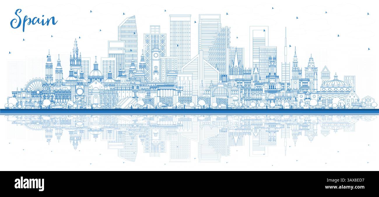 Delinea lo skyline della città di Spagna con gli edifici blu. Illustrazione vettoriale. Architettura moderna e storica. Paesaggio urbano della Spagna con monumenti storici. Madrid. Illustrazione Vettoriale