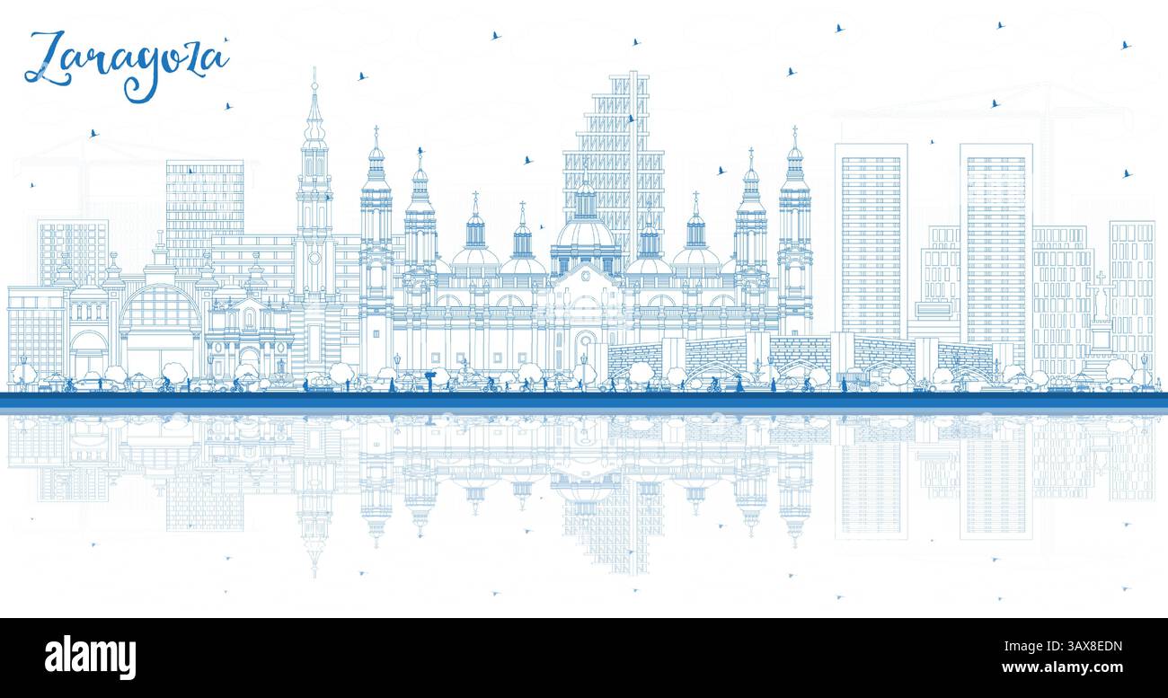 Delinea lo skyline della città di Saragozza in Spagna con edifici e riflessi blu. Illustrazione vettoriale. Paesaggio urbano di Saragozza con monumenti storici. Illustrazione Vettoriale