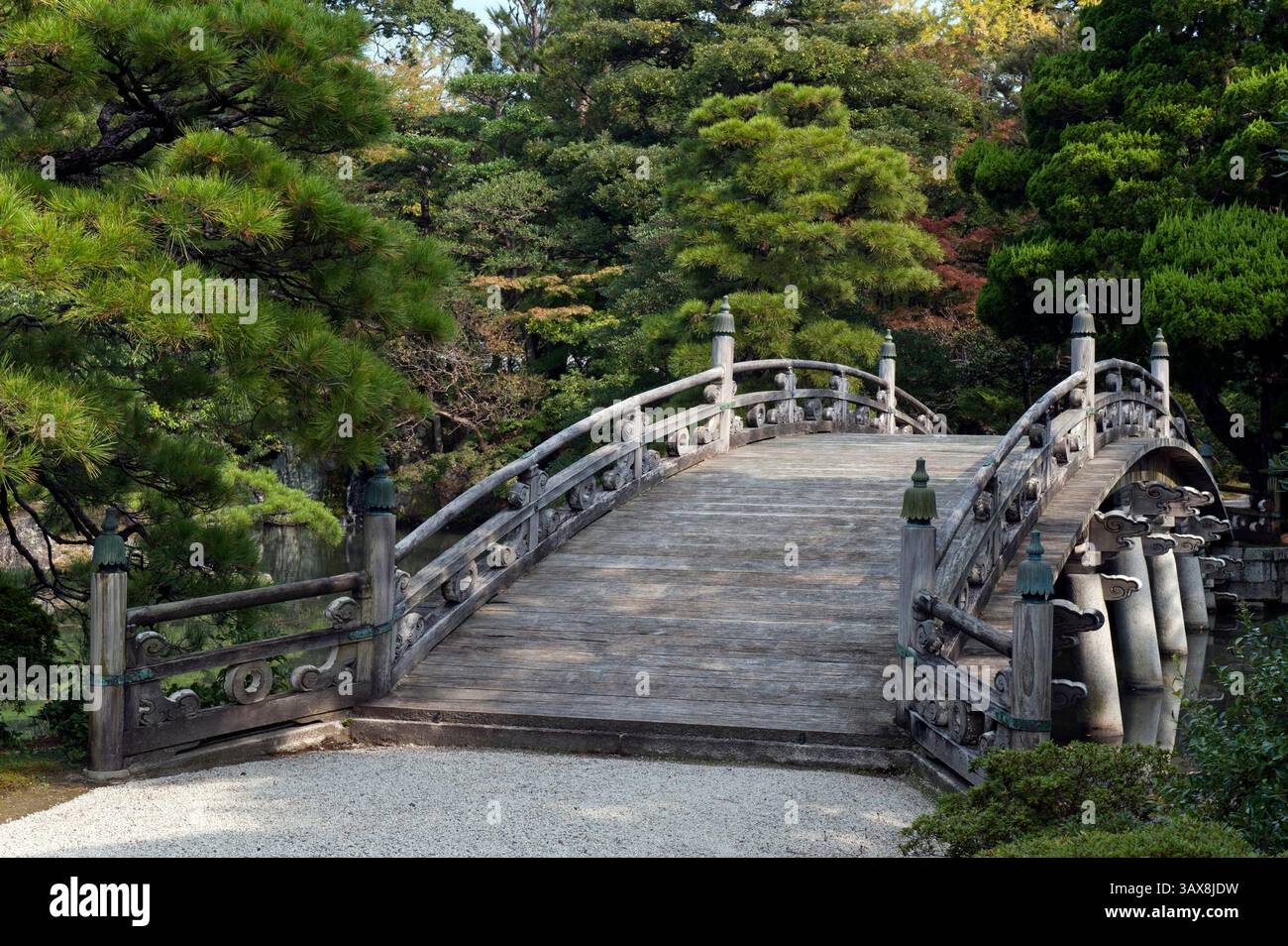 Ponte Keyakibashi ad arco in legno nel giardino paesaggistico giapponese Oikeniwa presso il Palazzo Imperiale Gosho a Kyoto, Giappone Foto Stock