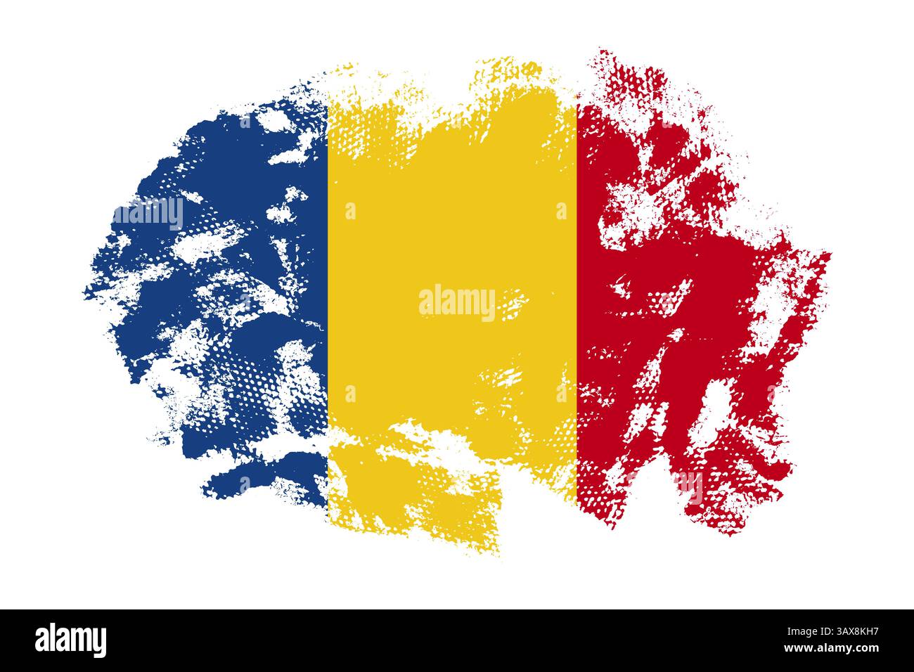 Bandiera a pennello della Romania isolata su sfondo bianco. Bandiera nazionale testurizzata dipinta a mano. Bandiera rumena grunge paintbrush per la giornata nazionale, elezioni Illustrazione Vettoriale