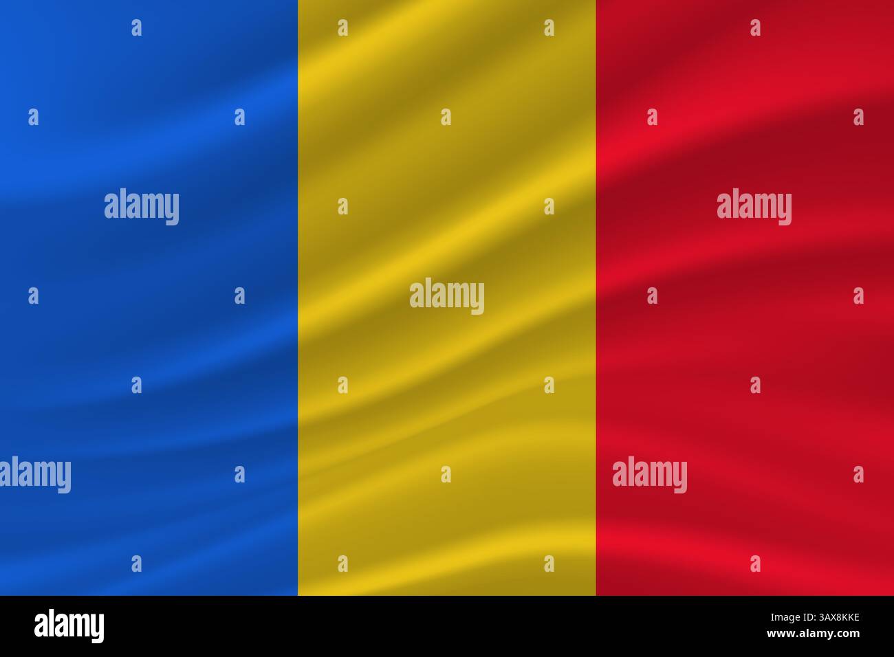 Realistico sventolando la bandiera nazionale della Romania. Simbolo della bandiera rumena patriottica su tessuto di seta ondulata Illustrazione Vettoriale