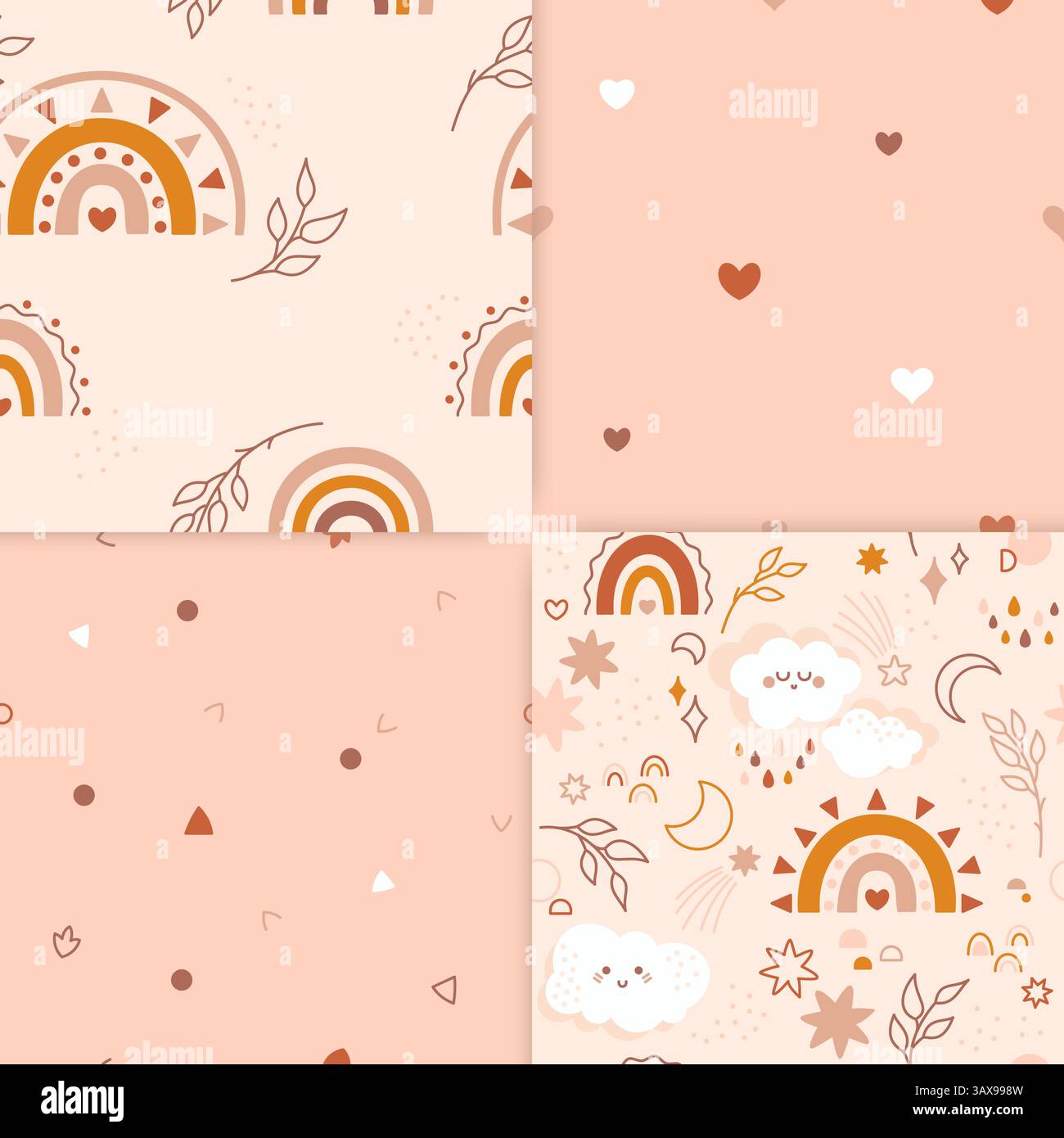 Un set di quattro modelli minimalistici per bambini. Le immagini ripetute contengono macchie colorate, arcobaleni, ramoscelli, graziose nuvole con gocce di pioggia colorate. Inoltre stelle, punti e linee di forme diverse. Illustrazione Vettoriale