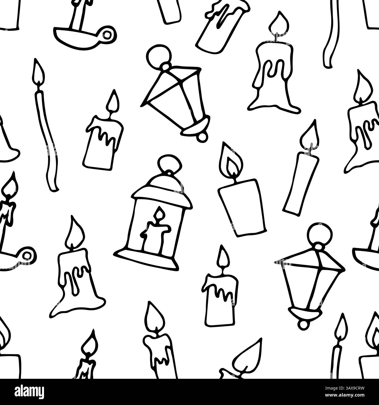 Candele galleggianti a fuoco Doodle modello senza cuciture. Candelabro lineare disegnato a mano, lampada su sfondo bianco. Vacanze, Natale, chiesa, Halloween drippin Illustrazione Vettoriale