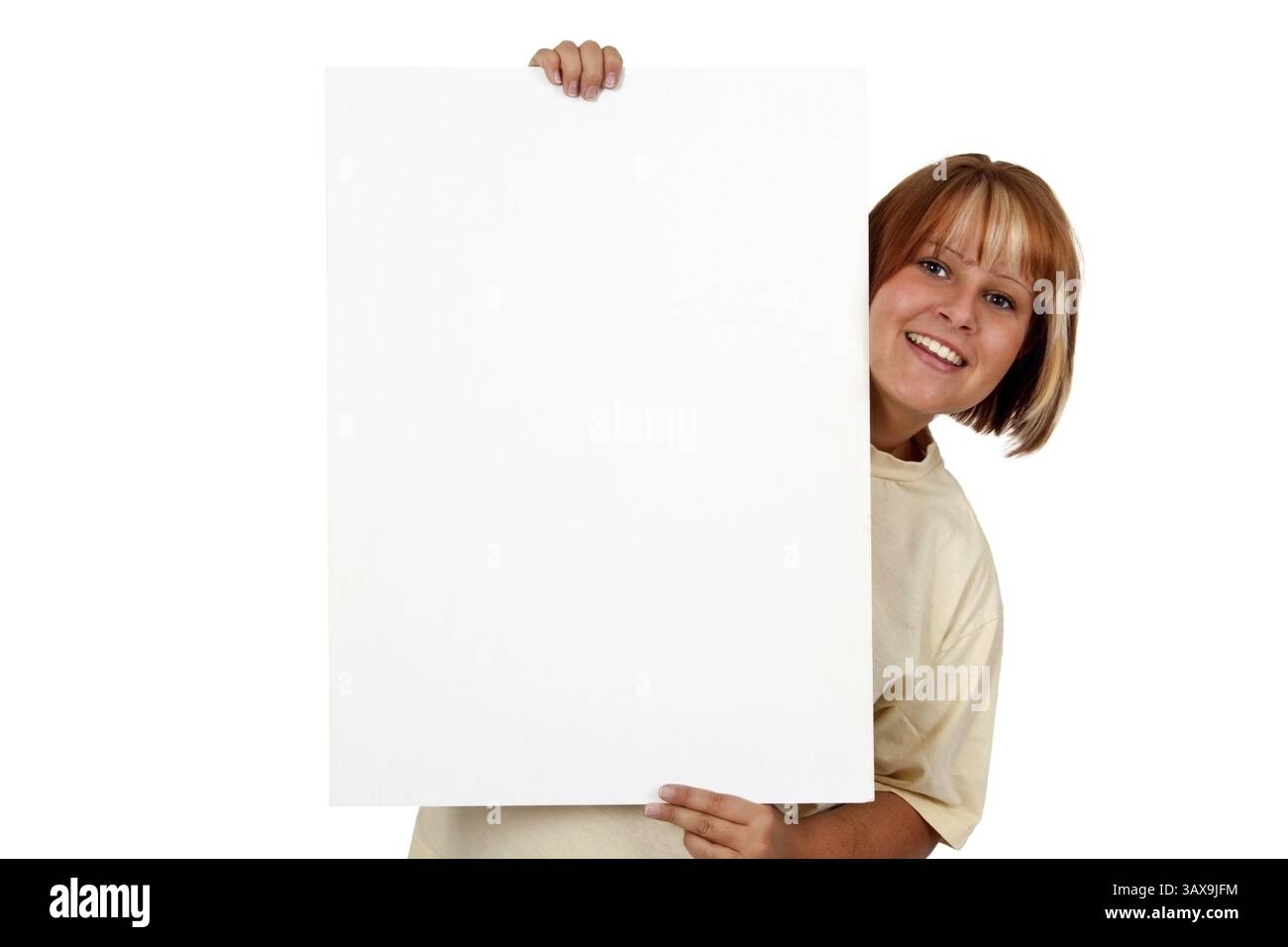 Giovane donna con un cartellone bianco - isolata giovane donna con un cartellone bianco - isolata Foto Stock