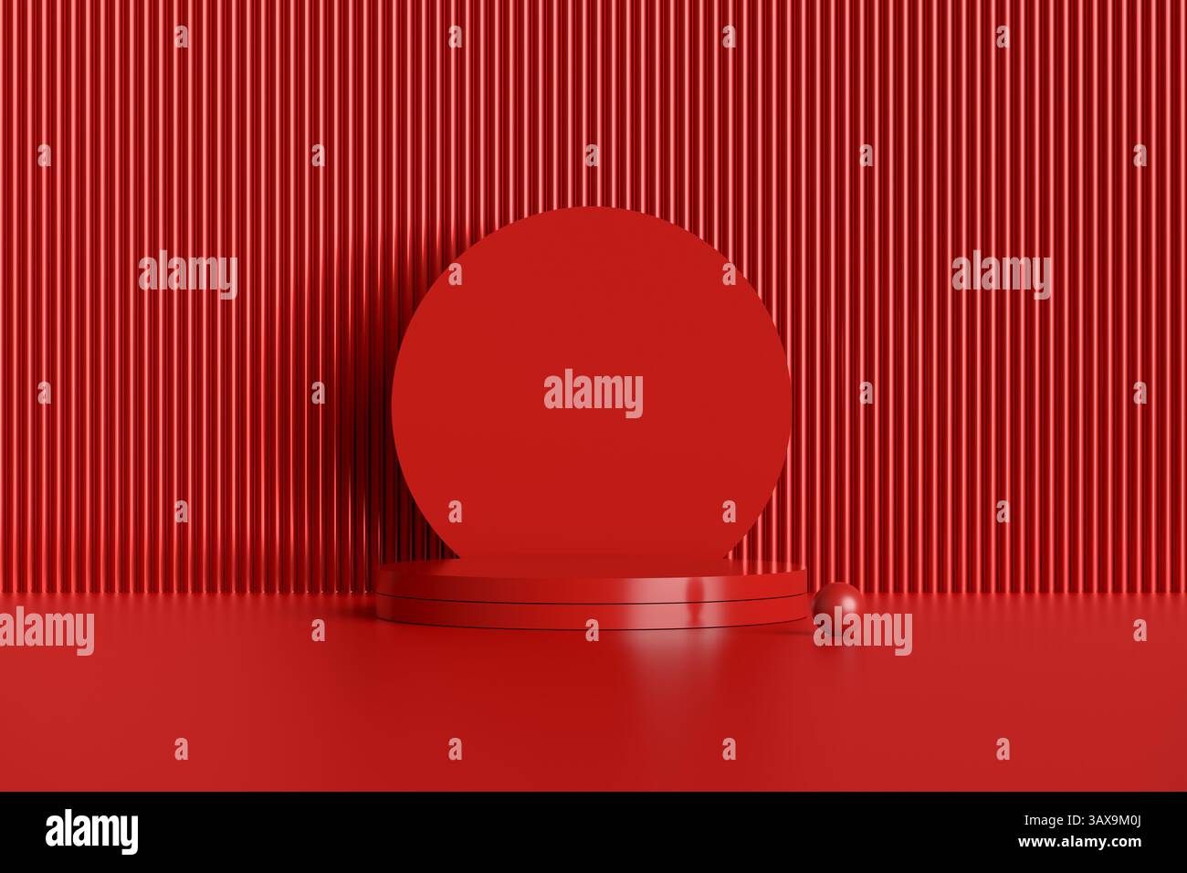 Podio rotondo rosso minimalista con cerchio ampio e sfera piccola su sfondo a righe per la presentazione del prodotto. Rendering 3D. Foto Stock
